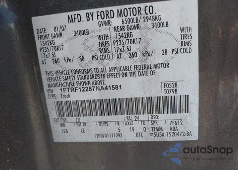2007 Ford F-150 Stx/Xl/Xlt from USA, damaged, VIN 1FTRF12287NA41581